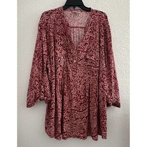Avenue Boho Tunic Top Sz 30/32 Red Paisley V‎ Neck L/S Lightweight Flowy Office